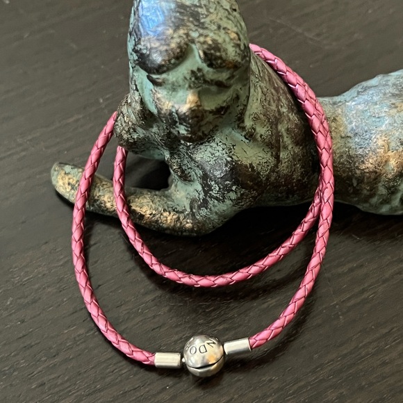 Pandora pink braided leather double bracelet w/ round sterling barrel clasp